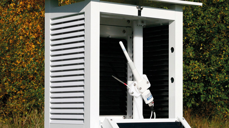 Vaisala HMP155 humidity and temperature probe installed in an outdoor weather shelter